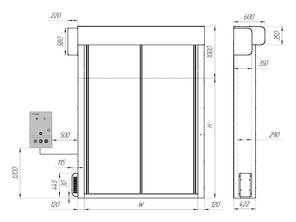 General view of a gate with a side drive (drive on the left/drive on the right) with a heating system.